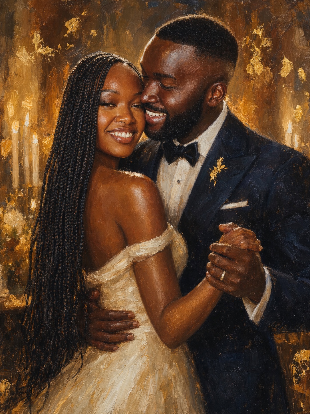 An oil painting of Adaeze and Tobi dancing in candlelight, painted from their photographs