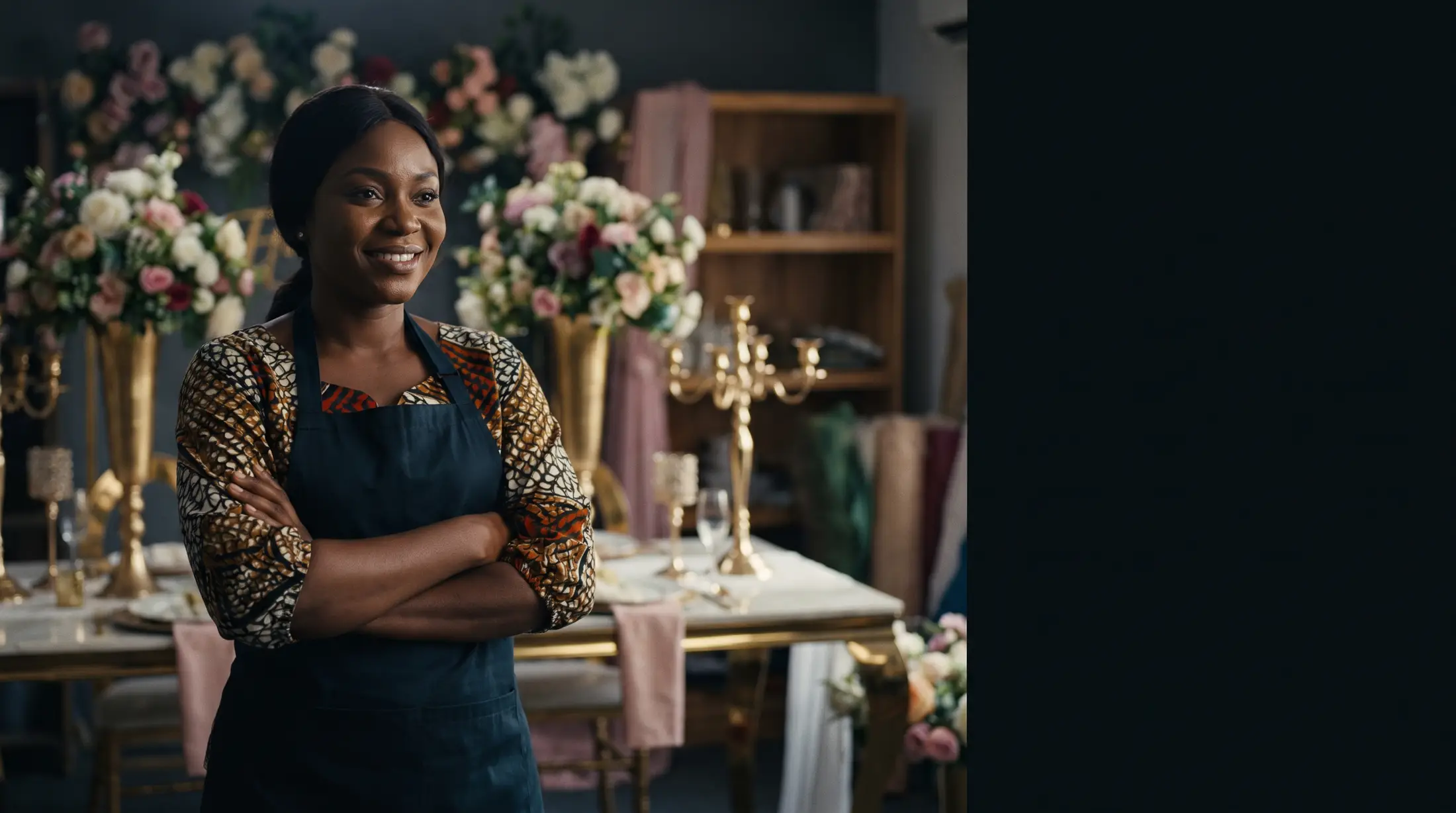 Nigerian florist and decorator standing proudly in her studio