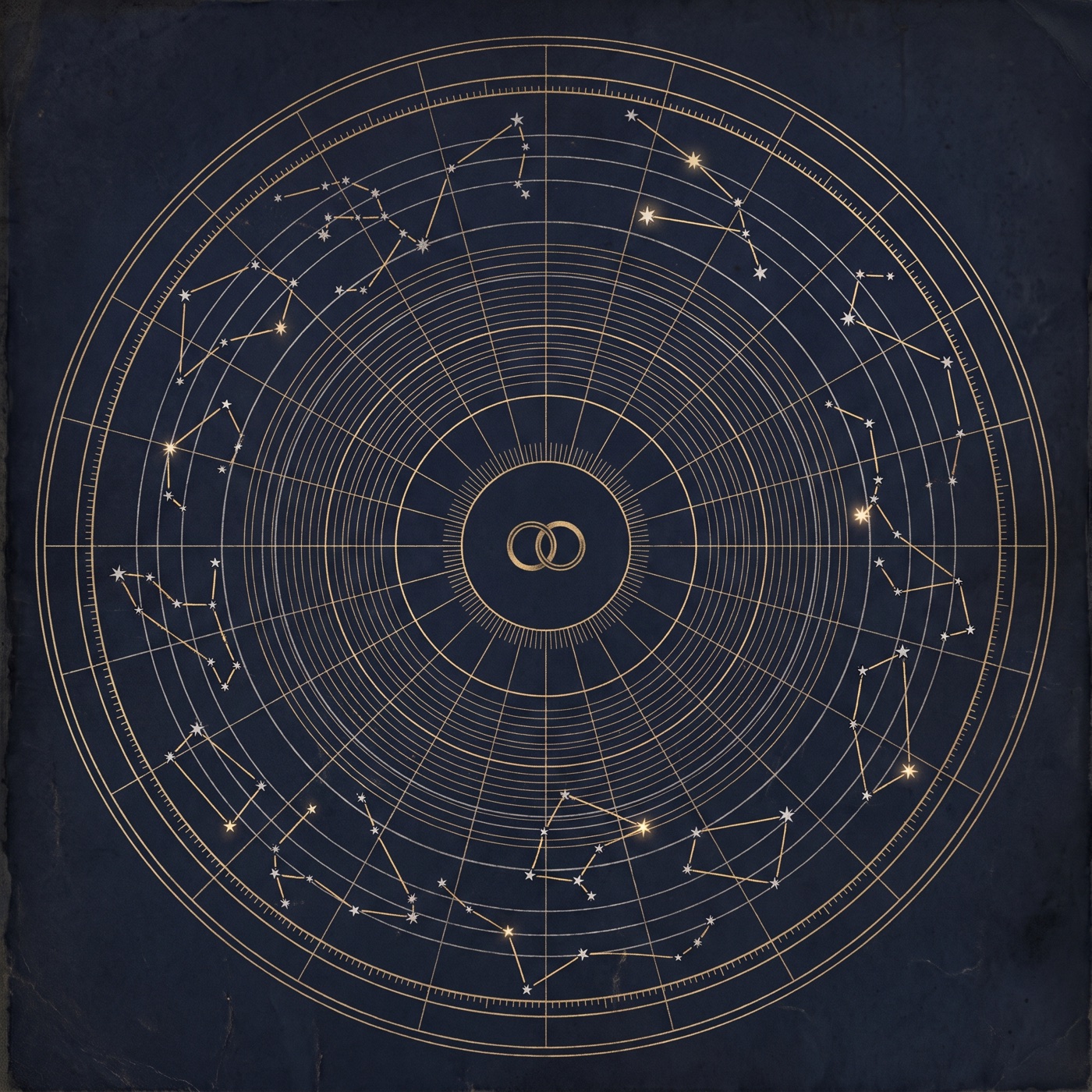 An antique gold star chart with two interlocked rings at its centre