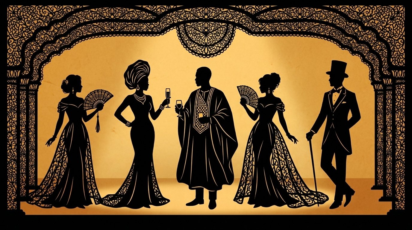Five cut-paper guests gathered beneath the arch