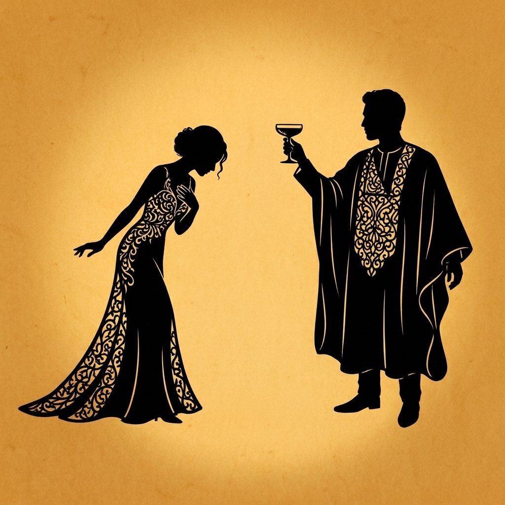 Two cut-paper figures on the lit stage, one bowing and one raising a glass