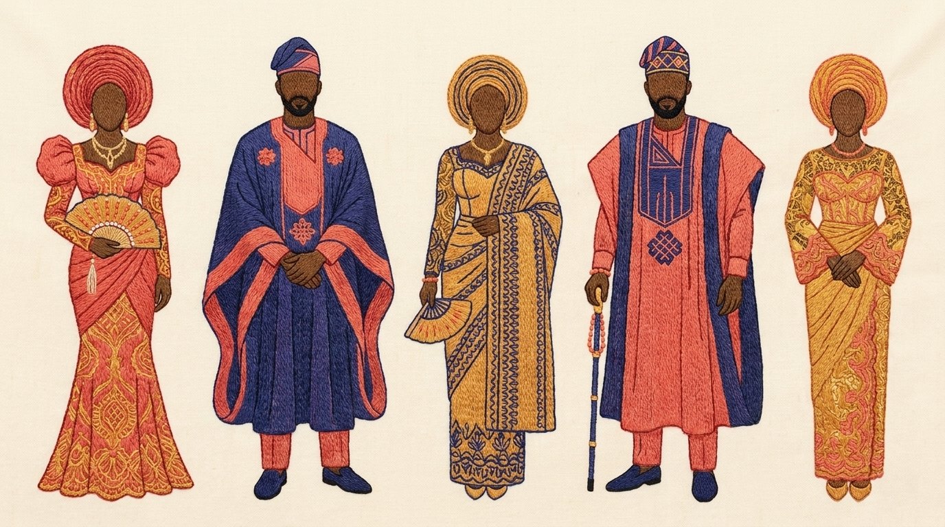 Embroidered guests dressed in the colours of the day